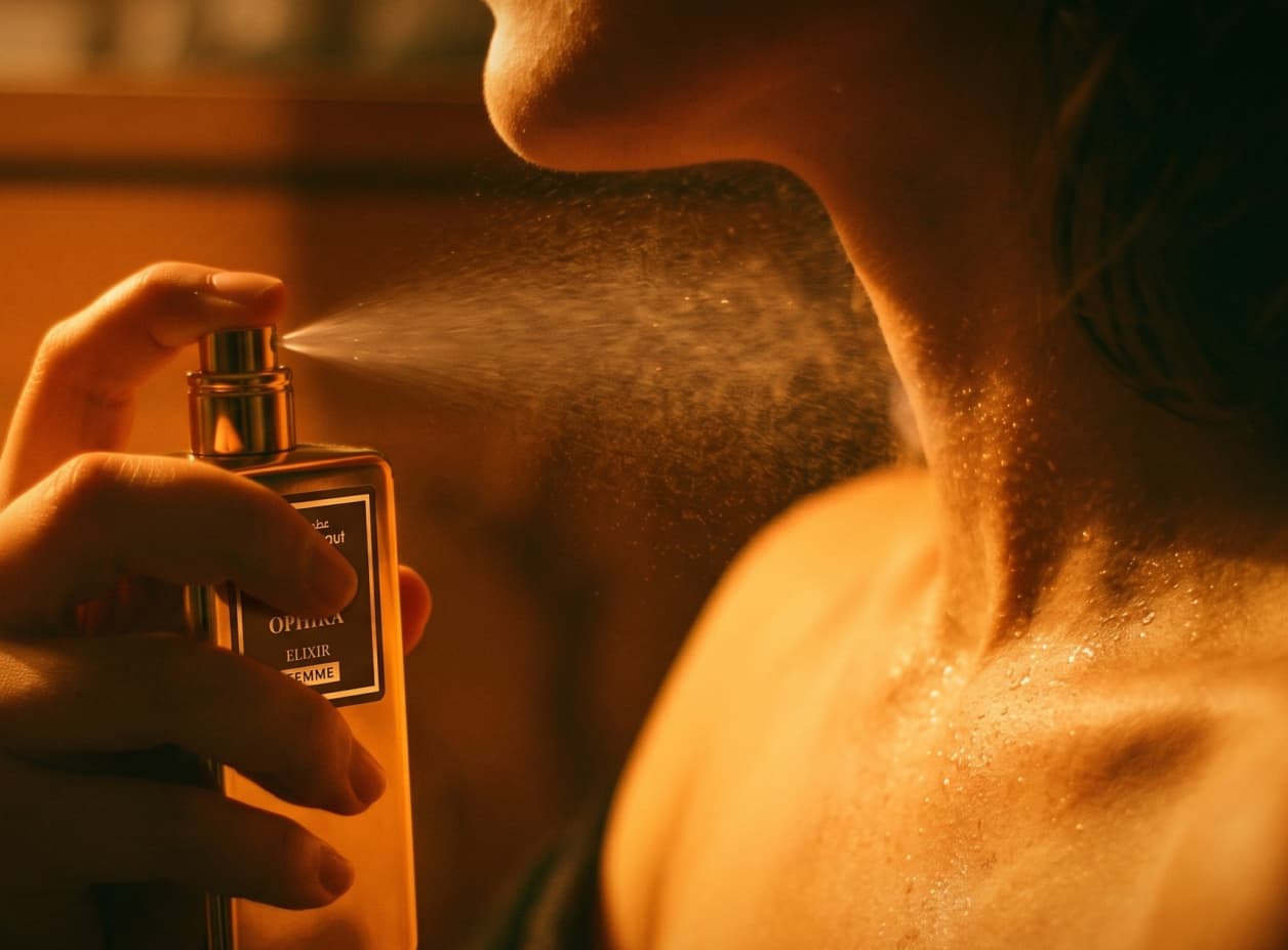 Spraying perfume mist on skin