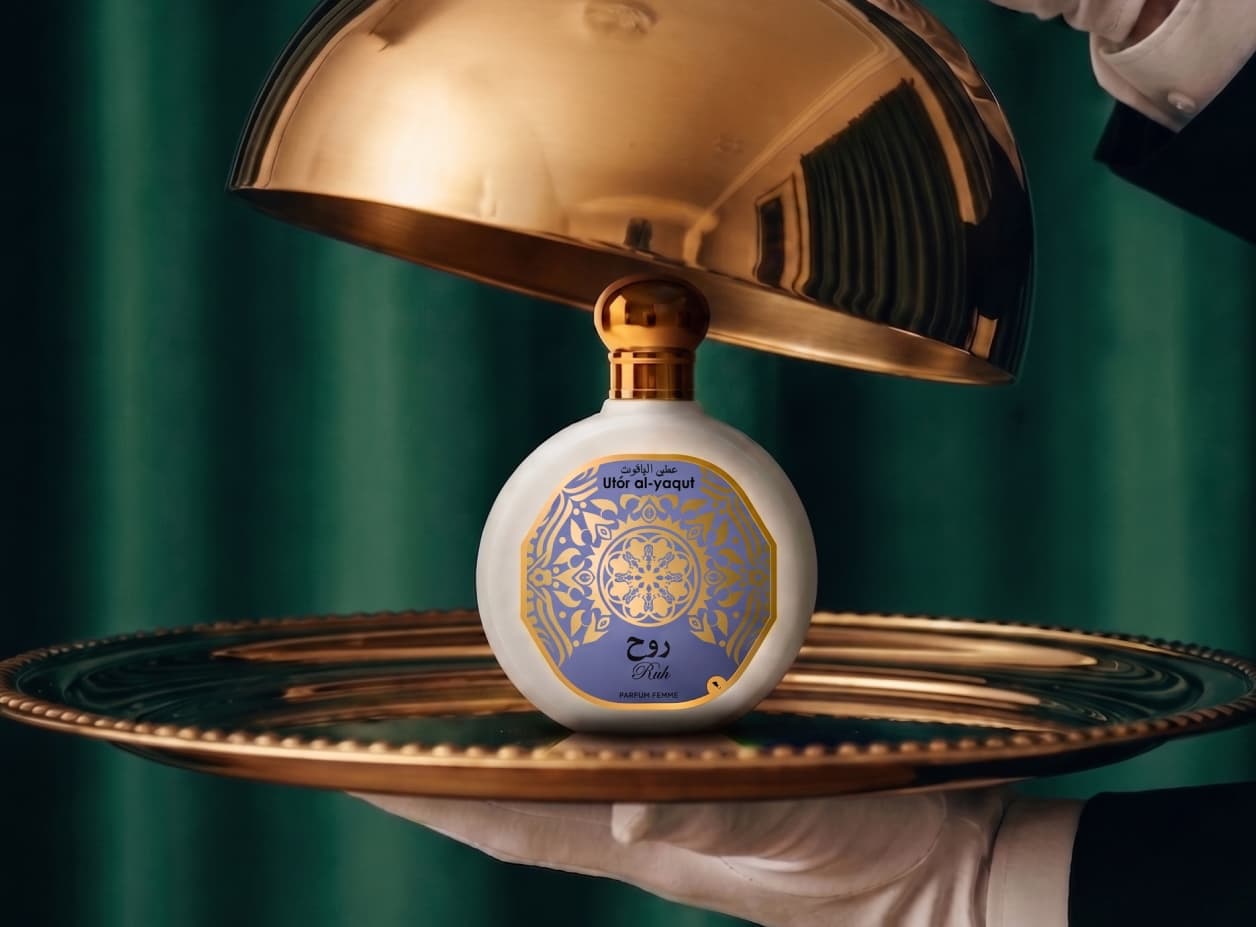 Utur Ruh perfume served on golden cloche tray